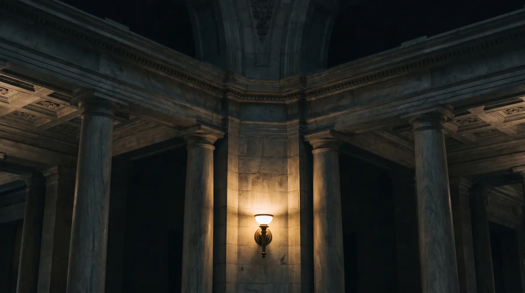 Classical courthouse marble columns in dramatic light